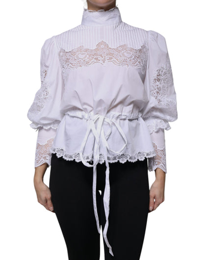 Dolce & Gabbana White Cotton Lace Trim Turtleneck Blouse Top by Dolce & Gabbana