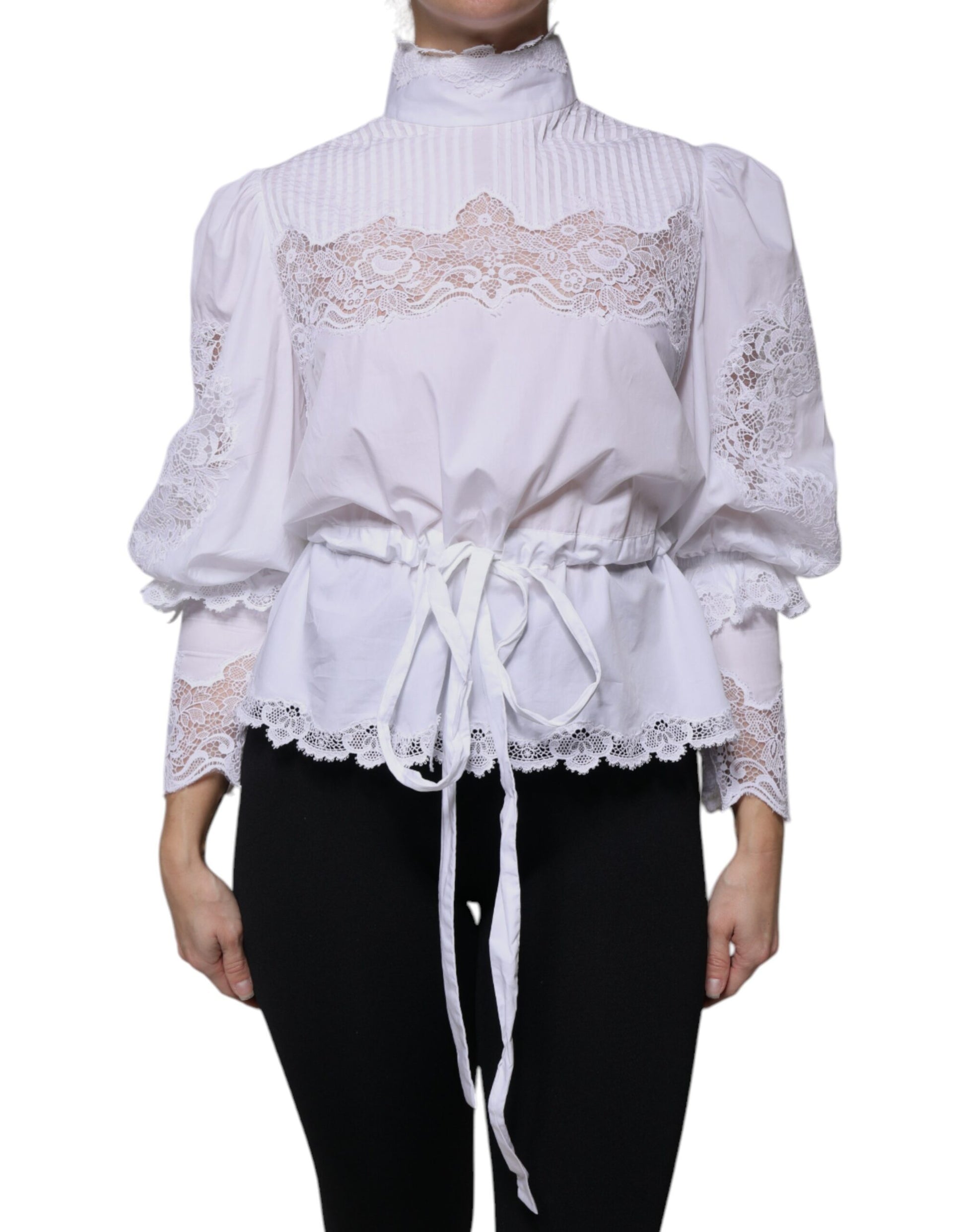 Dolce & Gabbana White Cotton Lace Trim Turtleneck Blouse Top by Dolce & Gabbana