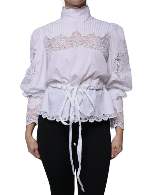 Dolce & Gabbana White Cotton Lace Trim Turtleneck Blouse Top by Dolce & Gabbana
