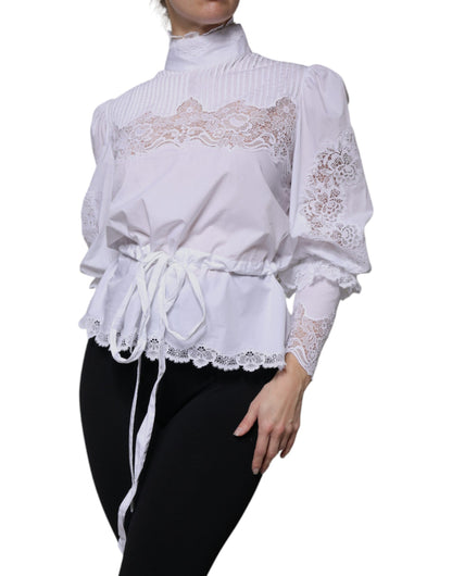 Dolce & Gabbana White Cotton Lace Trim Turtleneck Blouse Top by Dolce & Gabbana