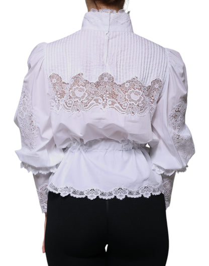 Dolce & Gabbana White Cotton Lace Trim Turtleneck Blouse Top by Dolce & Gabbana