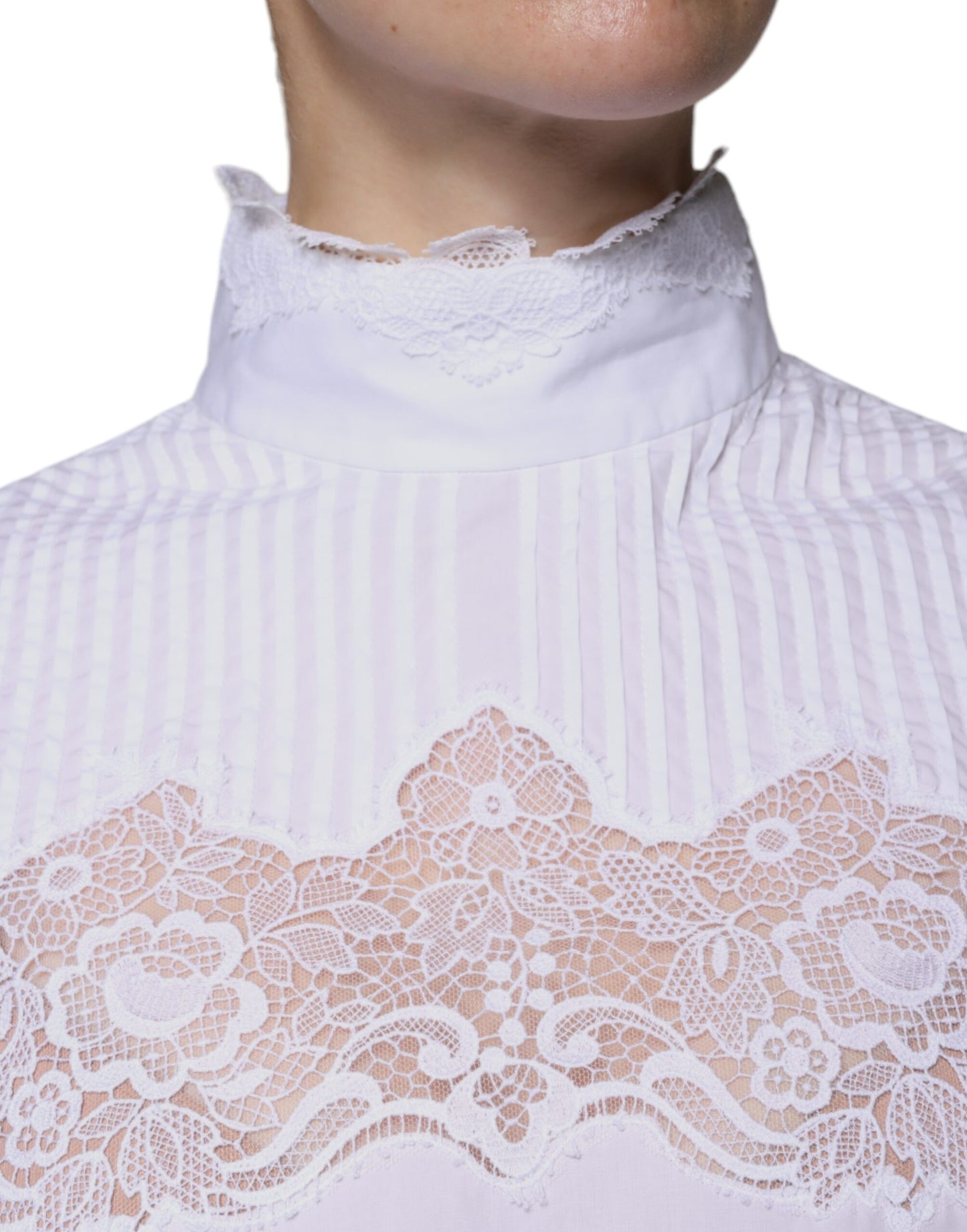 Dolce & Gabbana White Cotton Lace Trim Turtleneck Blouse Top by Dolce & Gabbana