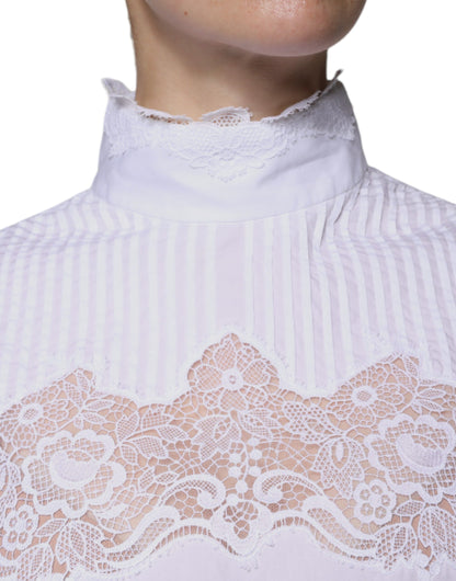 Dolce & Gabbana White Cotton Lace Trim Turtleneck Blouse Top by Dolce & Gabbana