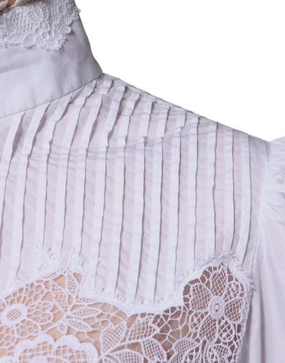 Dolce & Gabbana White Cotton Lace Trim Turtleneck Blouse Top by Dolce & Gabbana