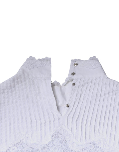 Dolce & Gabbana White Cotton Lace Trim Turtleneck Blouse Top by Dolce & Gabbana