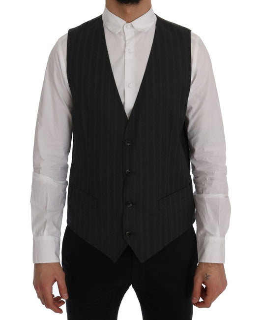 Dolce &amp; Gabbana élégant cardigan gris à rayures et boutonnage simple