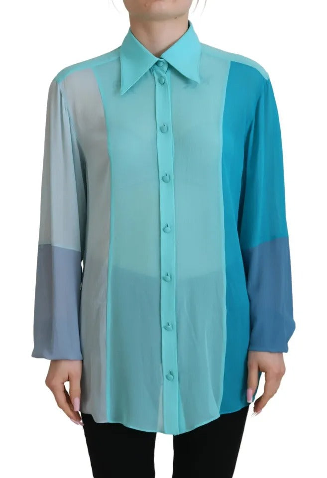 Dolce & Gabbana Blue Collar Long Sleeve Blouse Silk Top by Dolce & Gabbana