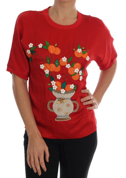 Haut élégant en soie rouge brodé de fleurs Dolce &amp; Gabbana