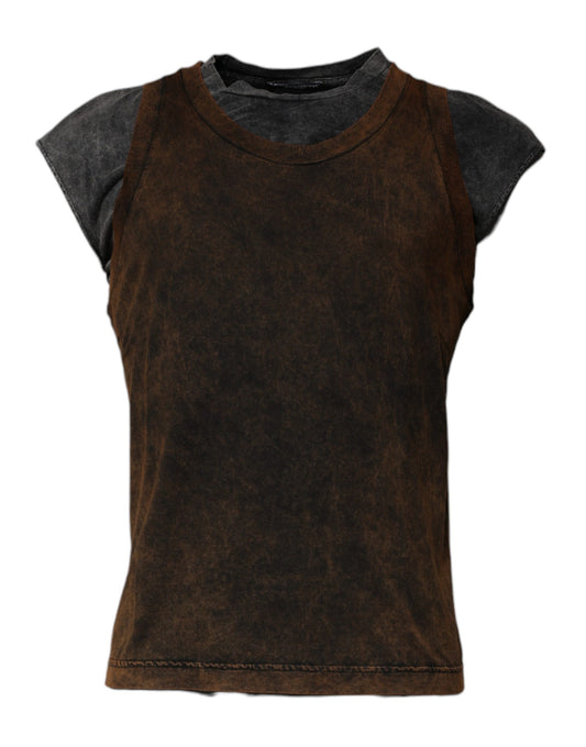 Dolce & Gabbana Brown Cotton Round Neck Sleeveless T-shirt by Dolce & Gabbana