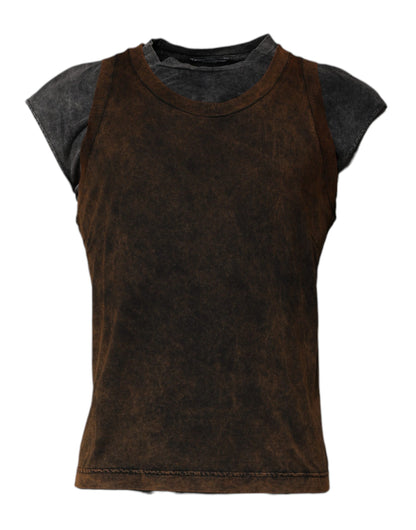 Dolce & Gabbana Brown Cotton Round Neck Sleeveless T-shirt by Dolce & Gabbana