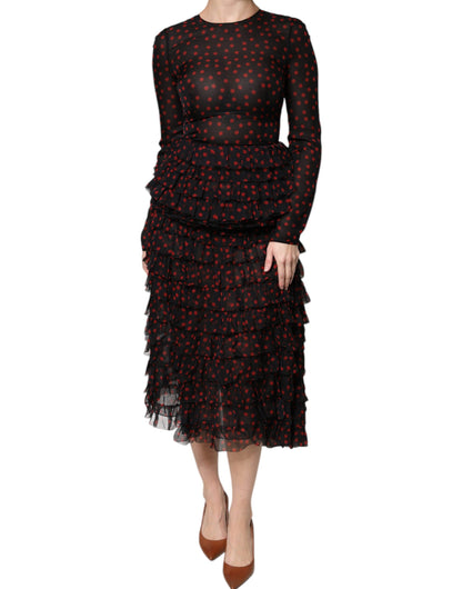 Dolce & Gabbana Black Red Polka Dot Silk Layered Midi Dress by Dolce & Gabbana