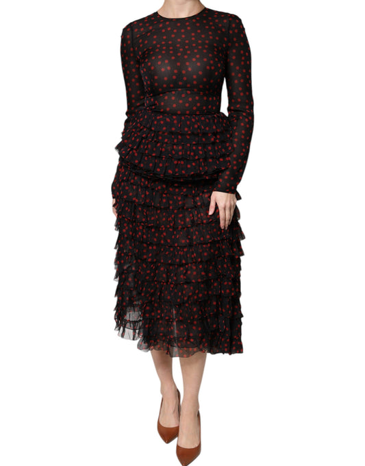 Dolce & Gabbana Black Red Polka Dot Silk Layered Midi Dress by Dolce & Gabbana