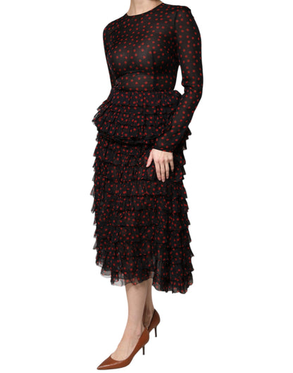 Dolce & Gabbana Black Red Polka Dot Silk Layered Midi Dress by Dolce & Gabbana
