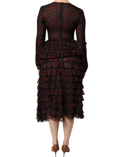 Dolce & Gabbana Black Red Polka Dot Silk Layered Midi Dress by Dolce & Gabbana