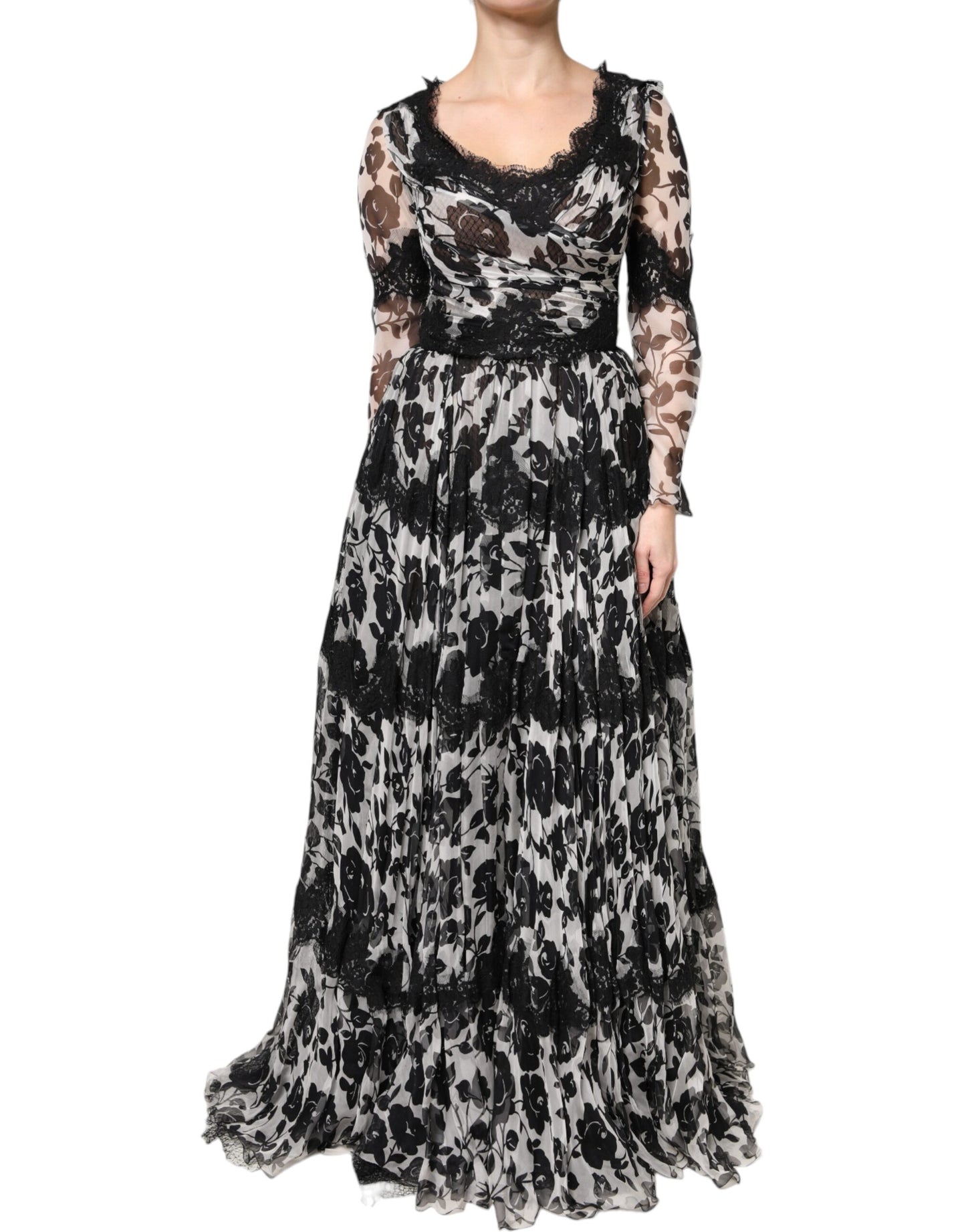 Dolce & Gabbana Black Silk Floral Lace Ricamo Ball Maxi Dress by Dolce & Gabbana