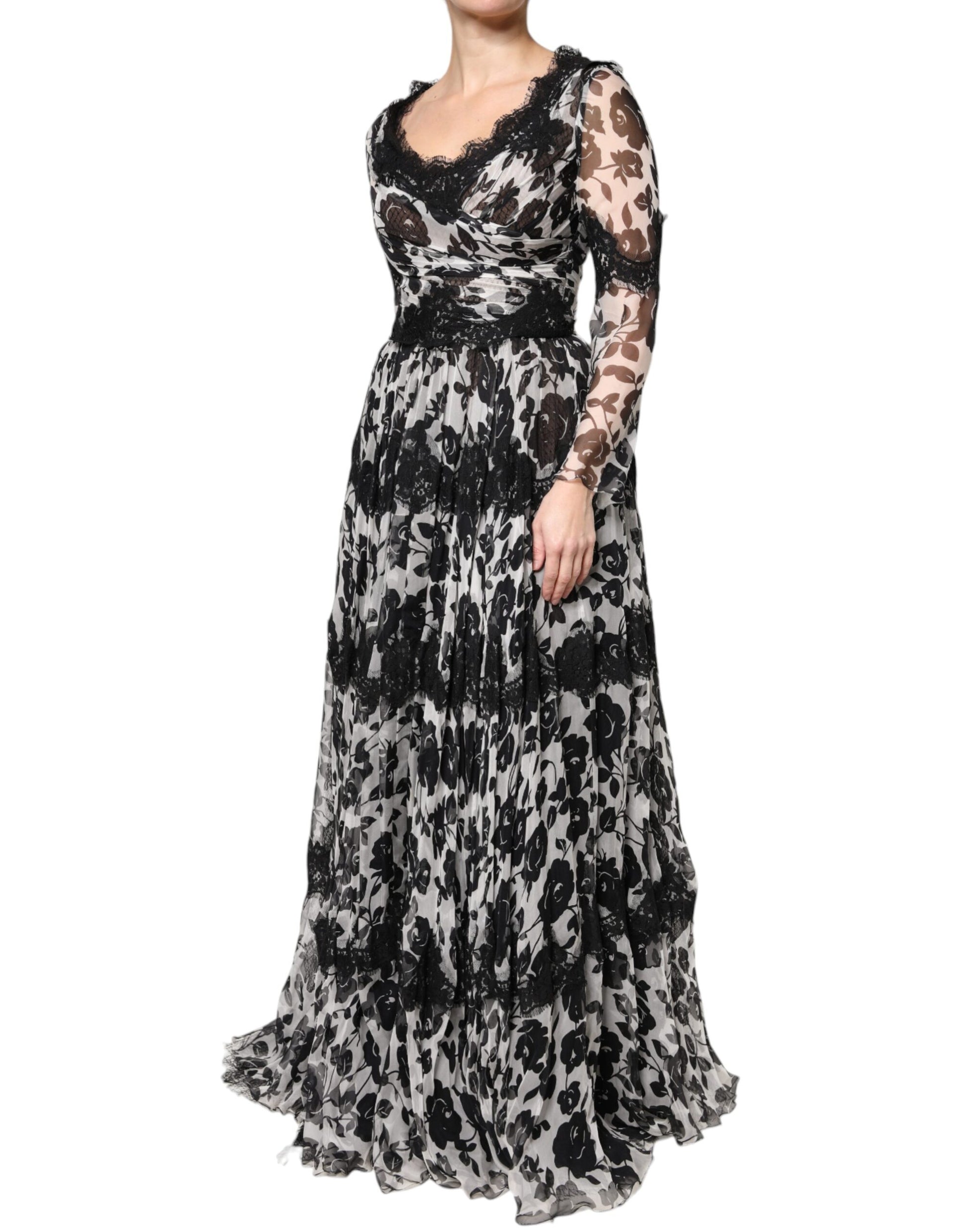 Dolce & Gabbana Black Silk Floral Lace Ricamo Ball Maxi Dress by Dolce & Gabbana