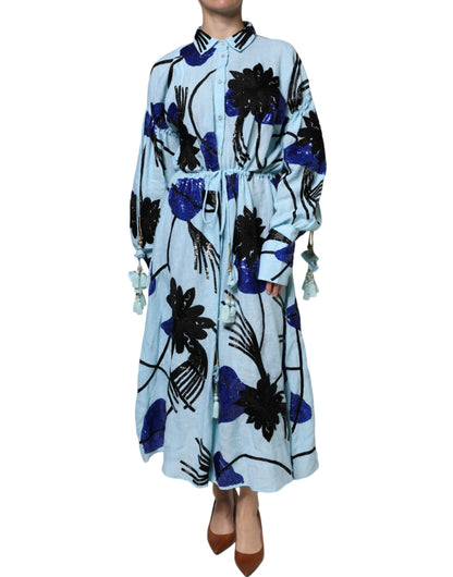 Christian Pellizzari Light Blue Floral Embellished Shirt Maxi Dress by Christian Pellizzari