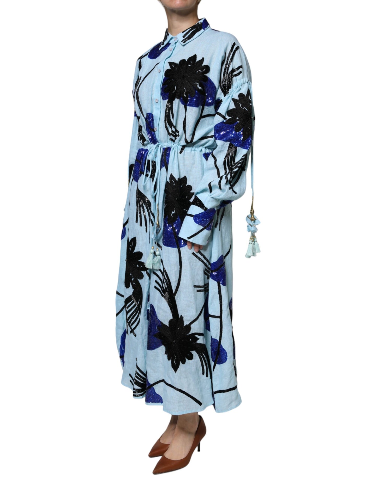 Christian Pellizzari Light Blue Floral Embellished Shirt Maxi Dress by Christian Pellizzari