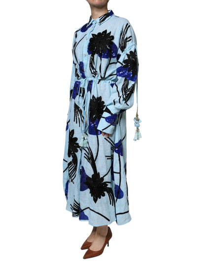 Christian Pellizzari Light Blue Floral Embellished Shirt Maxi Dress by Christian Pellizzari