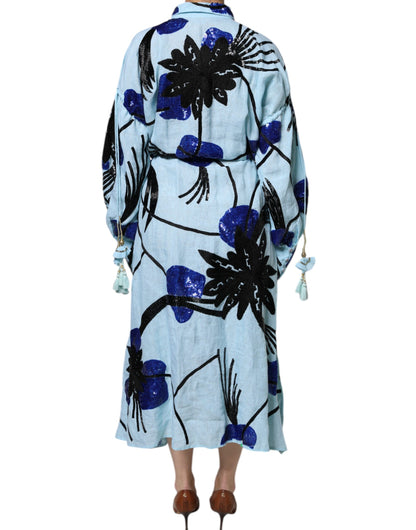 Christian Pellizzari Light Blue Floral Embellished Shirt Maxi Dress by Christian Pellizzari