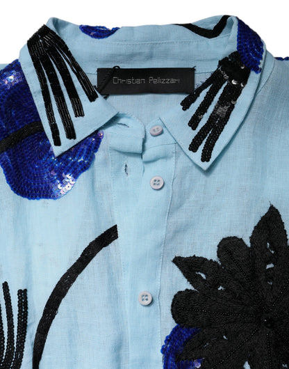 Christian Pellizzari Light Blue Floral Embellished Shirt Maxi Dress by Christian Pellizzari