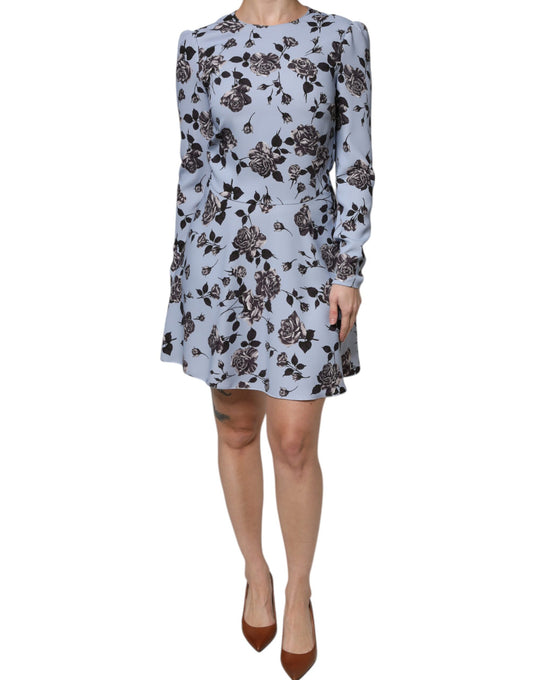 Robe courte trapèze à manches longues et imprimé floral bleu clair Valentino