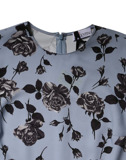 Robe courte trapèze à manches longues et imprimé floral bleu clair Valentino