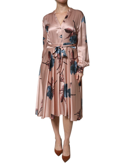 L'Autre Chose Pink Satin Floral Long Sleeves A-line Midi Dress by L'Autre Chose