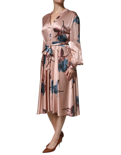 L'Autre Chose Pink Satin Floral Long Sleeves A-line Midi Dress by L'Autre Chose