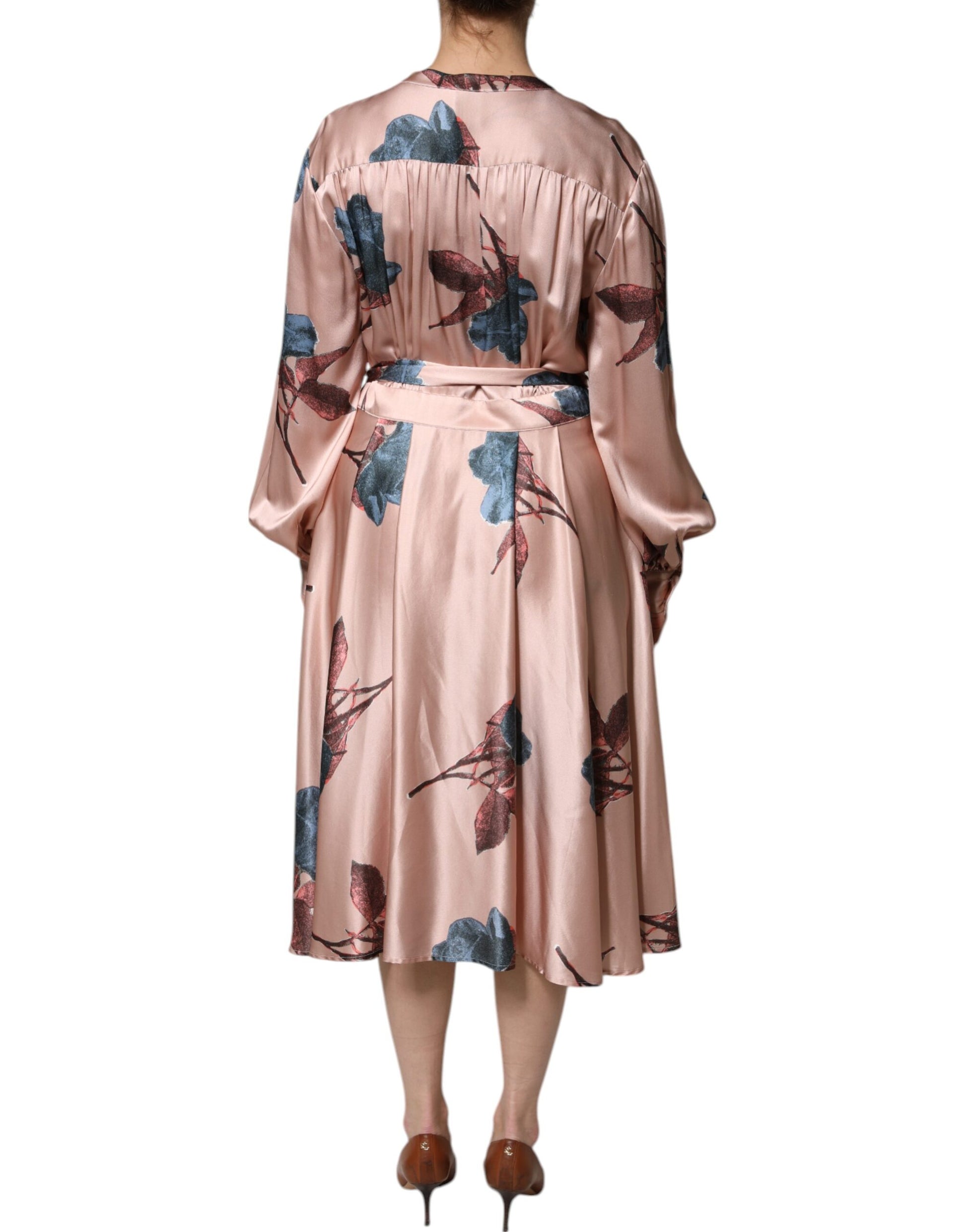 L'Autre Chose Pink Satin Floral Long Sleeves A-line Midi Dress by L'Autre Chose