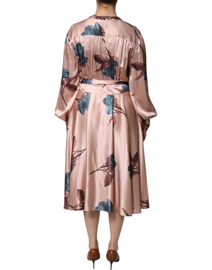 L'Autre Chose Pink Satin Floral Long Sleeves A-line Midi Dress by L'Autre Chose