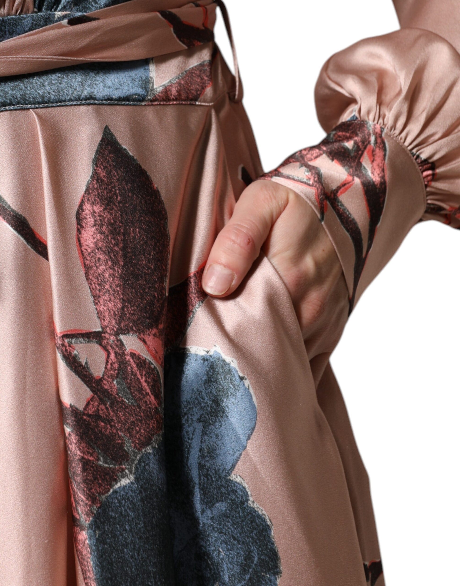 L'Autre Chose Pink Satin Floral Long Sleeves A-line Midi Dress by L'Autre Chose