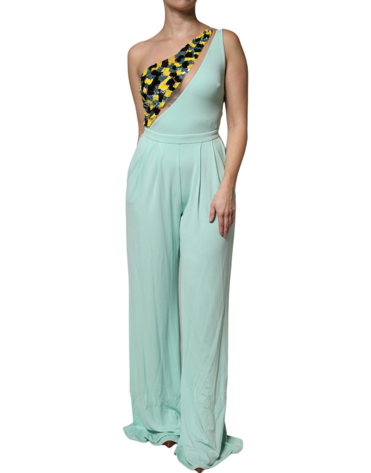 Elisabetta Franchi Mint Green One Shoulder Long Jumpsuit Dress by Elisabetta Franchi