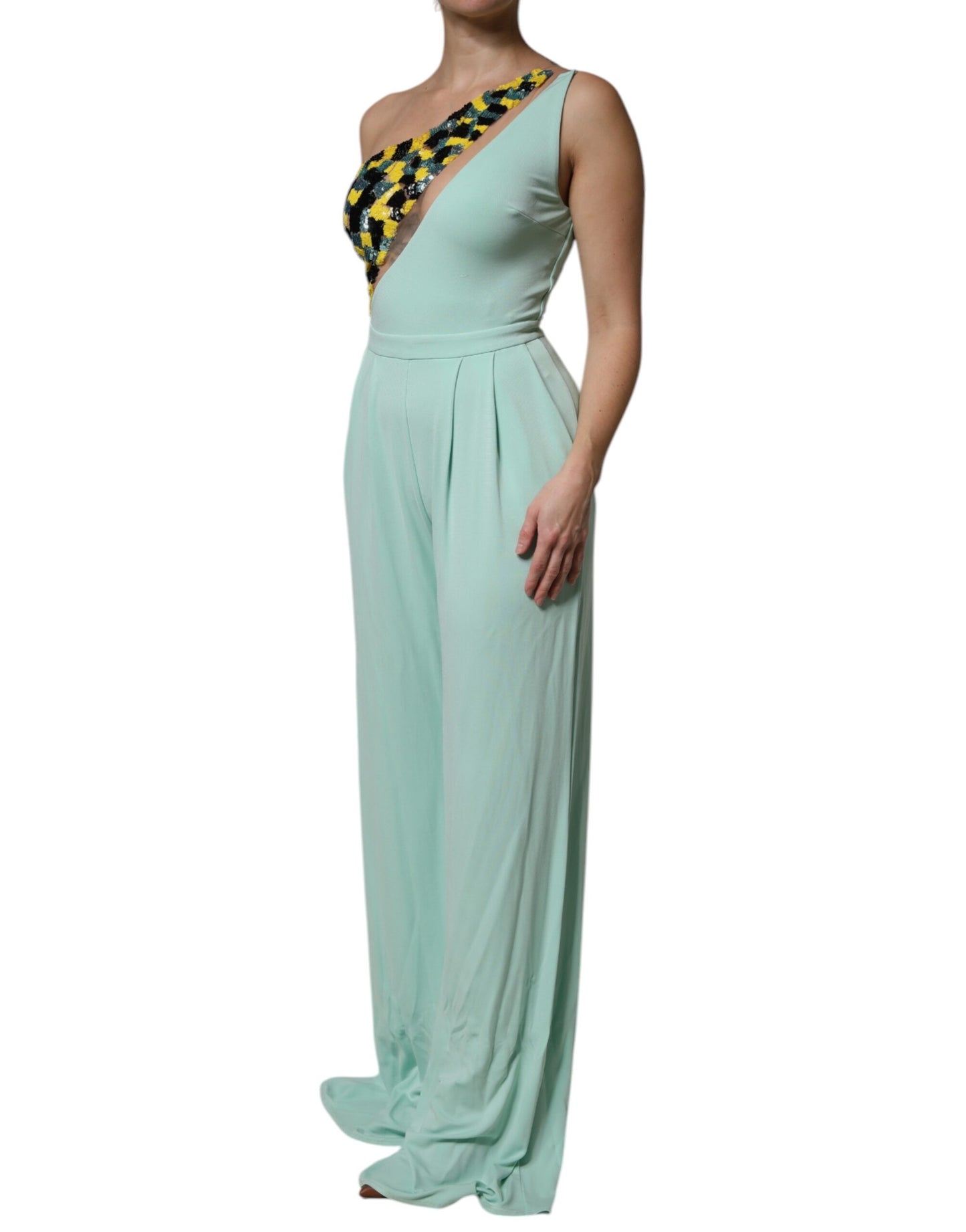 Elisabetta Franchi Mint Green One Shoulder Long Jumpsuit Dress by Elisabetta Franchi