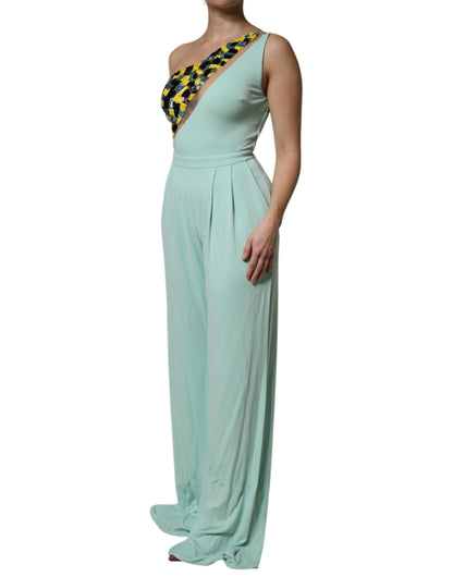 Elisabetta Franchi Mint Green One Shoulder Long Jumpsuit Dress by Elisabetta Franchi