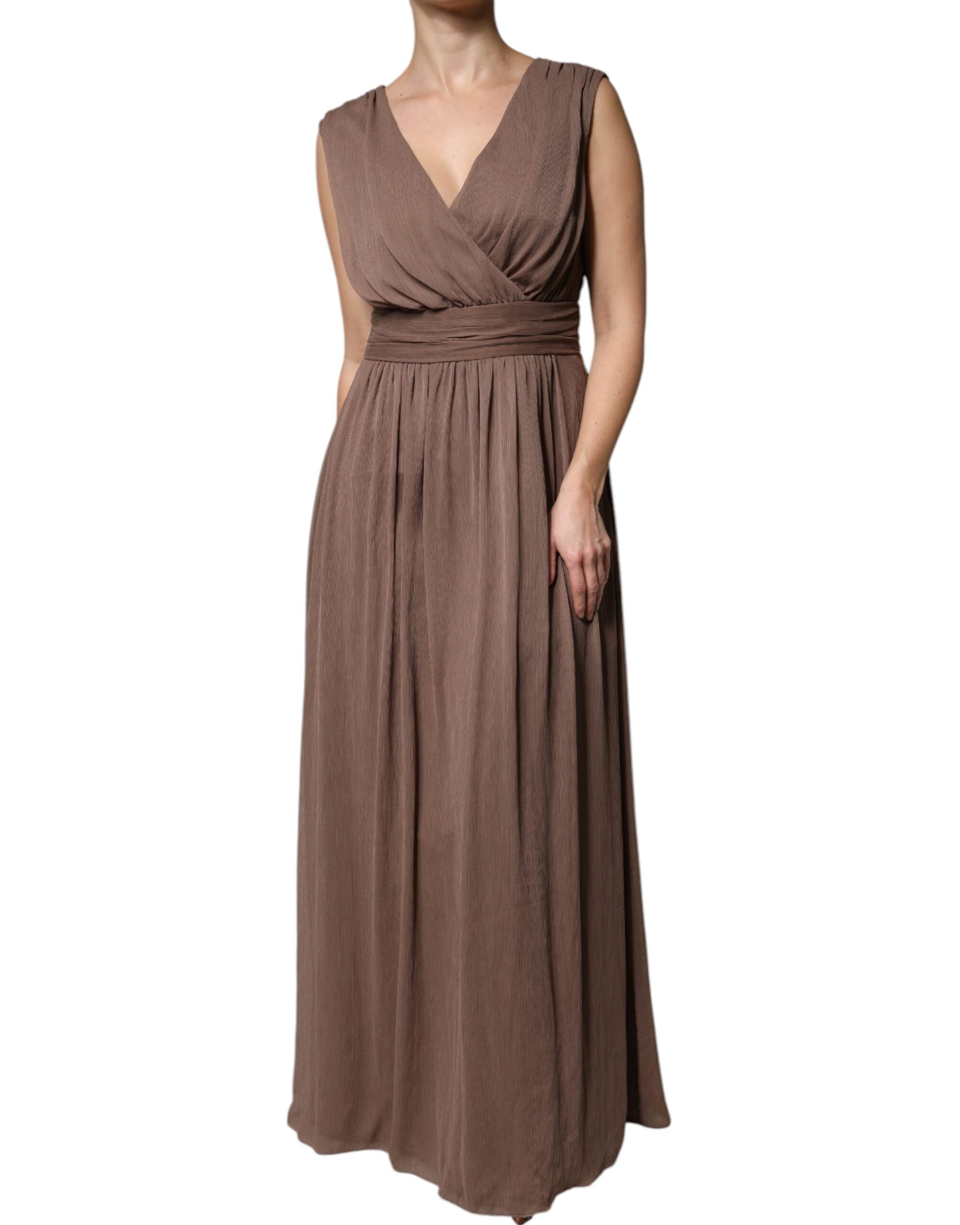 Peserico Brown Sleeveless Deep V-neck A-line Long Maxi Dress by Peserico
