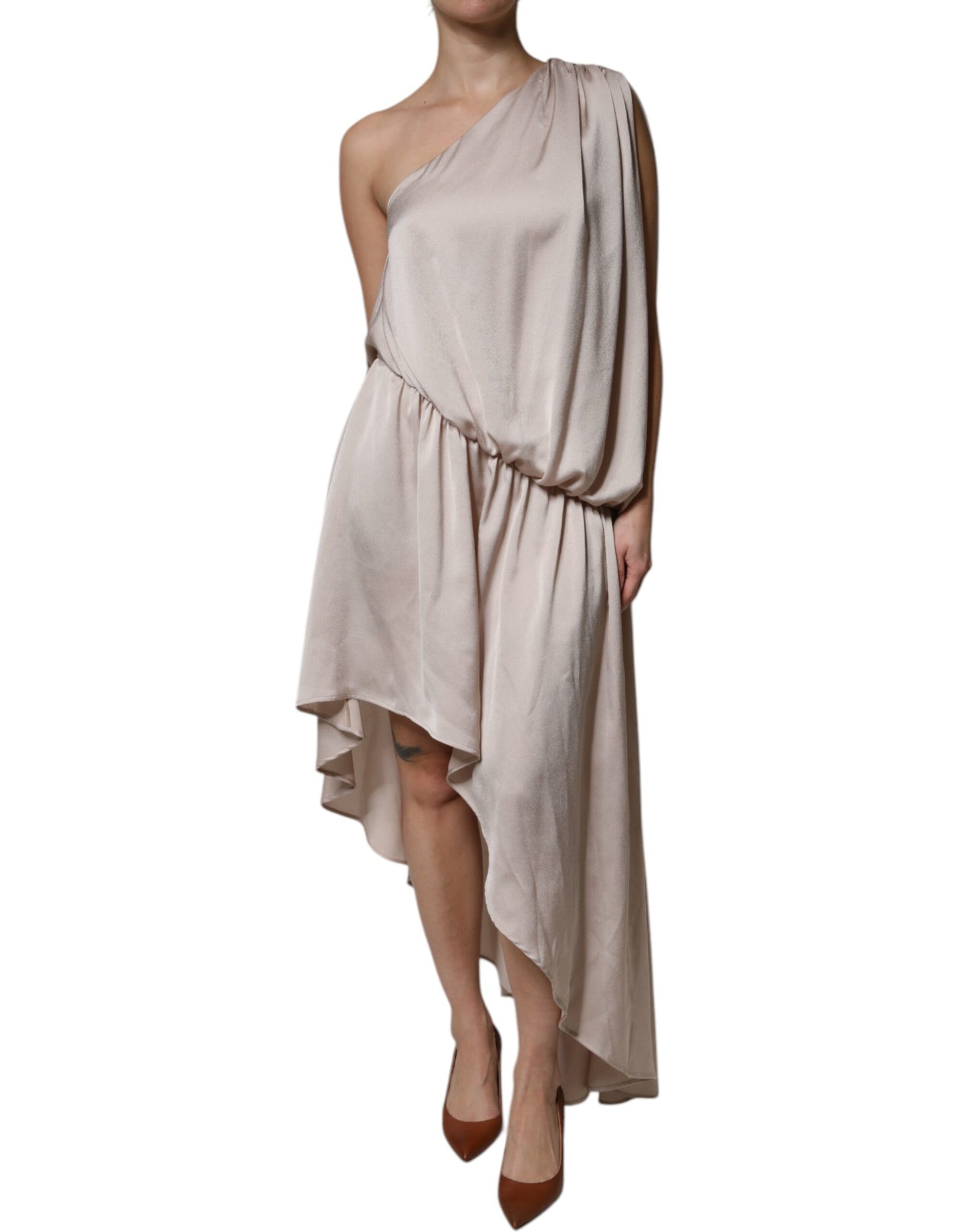 Christian Pellizzari Beige One Shoulder Asymmetric Drape Dress by Christian Pellizzari