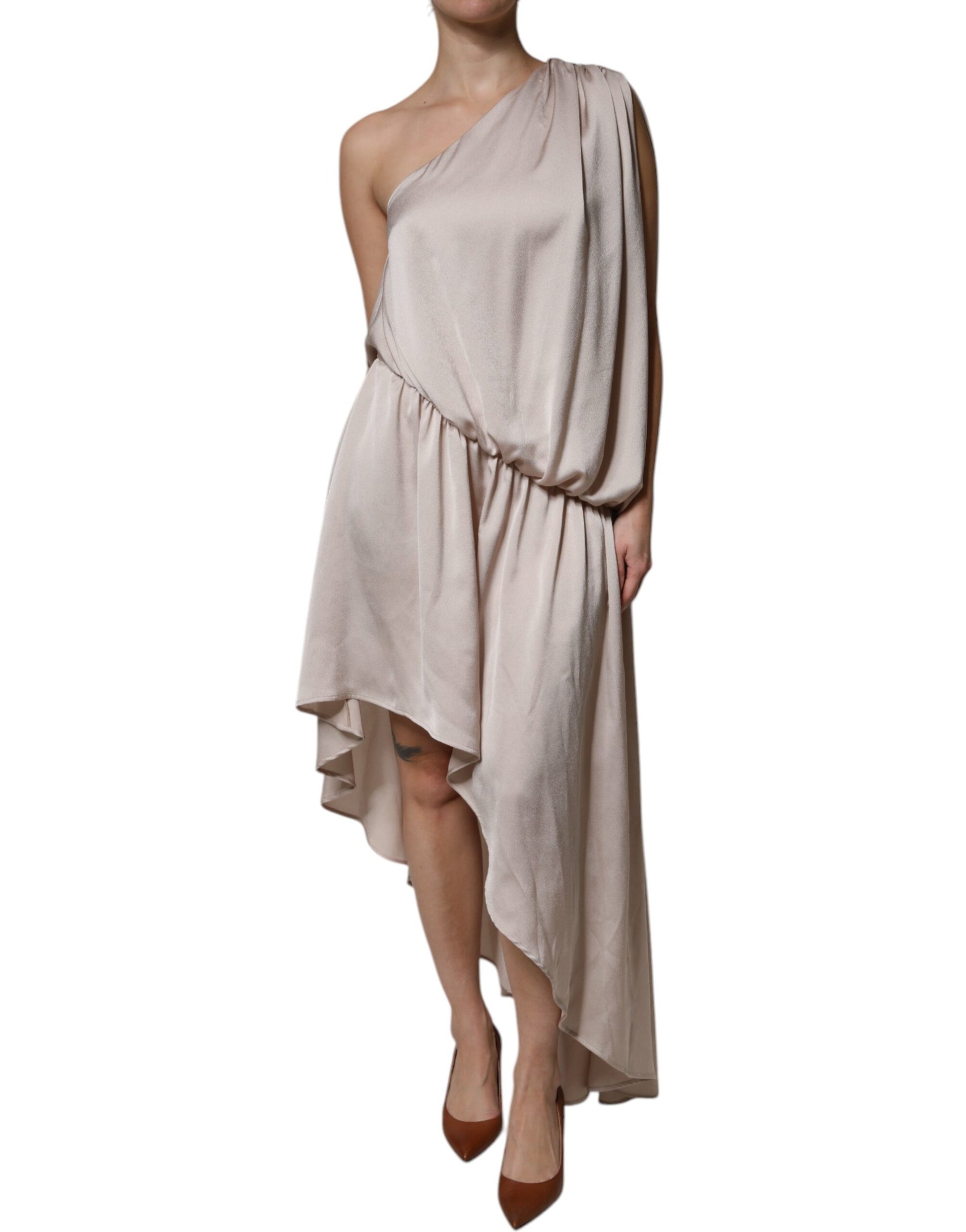 Christian Pellizzari Beige One Shoulder Asymmetric Drape Dress by Christian Pellizzari
