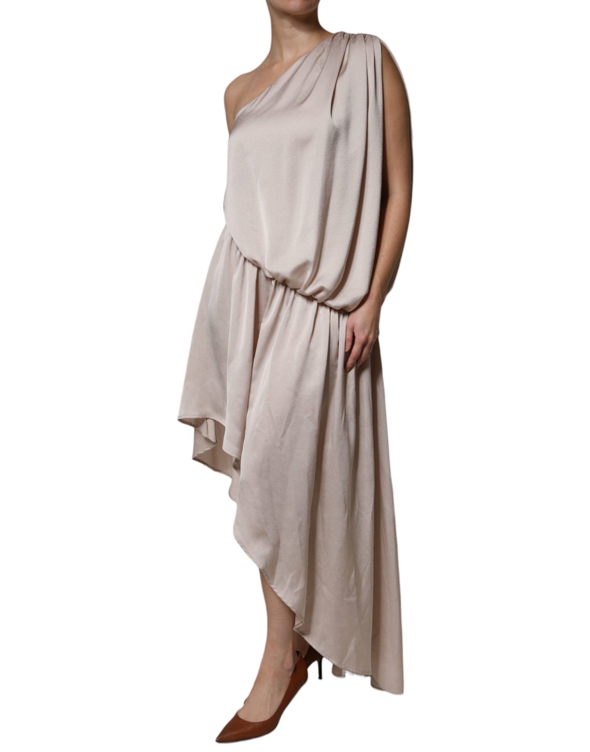 Christian Pellizzari Beige One Shoulder Asymmetric Drape Dress by Christian Pellizzari