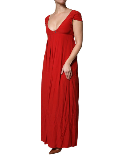 Dondup Red Acetate Short Sleeves Plunging Neckline Maxi Dress by Dondup