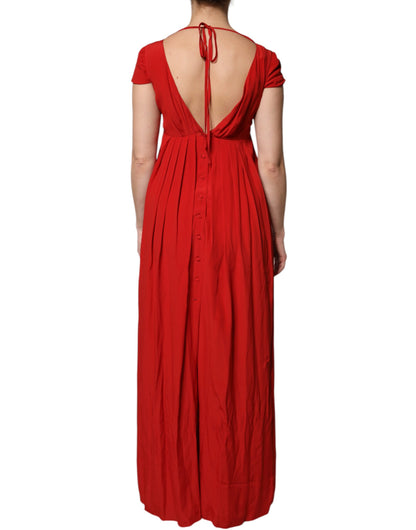 Dondup Red Acetate Short Sleeves Plunging Neckline Maxi Dress by Dondup