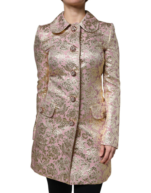 Dolce &amp; Gabbana Metallic Pink Gold Jacquard Jewel Button Coat Jacket