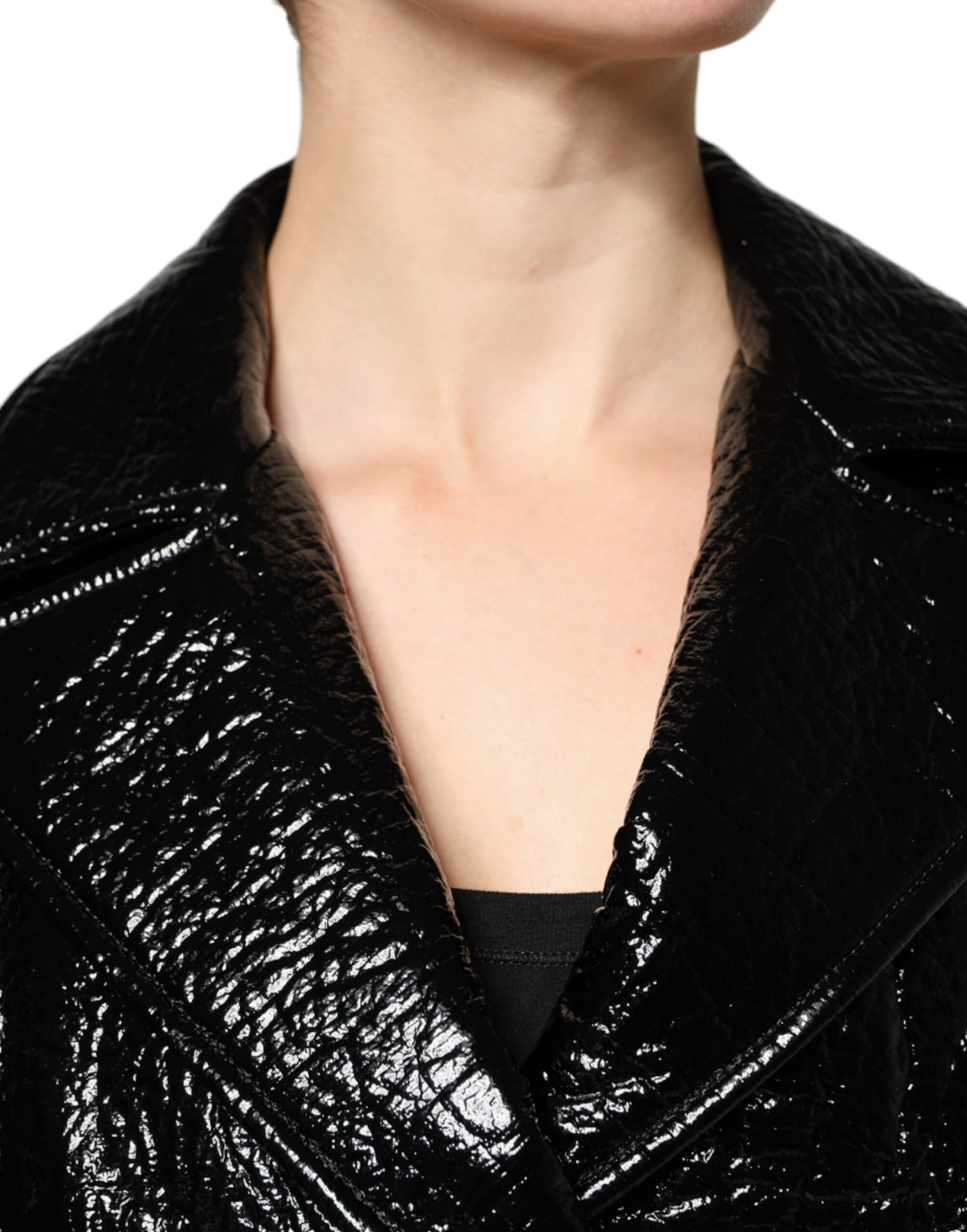Dolce &amp; Gabbana - Manteau court en cuir noir à manches longues