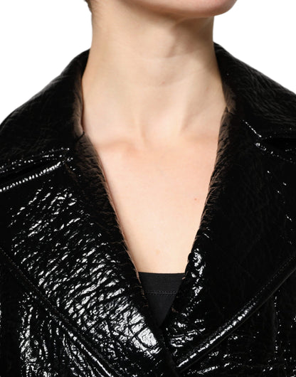 Dolce &amp; Gabbana - Manteau court en cuir noir à manches longues