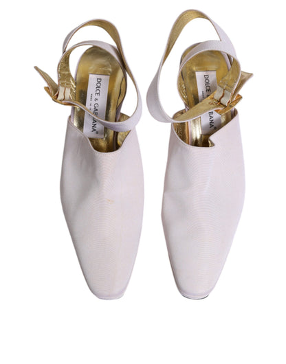 Dolce & Gabbana Off White Block Heel Slingback Sandals Shoes by Dolce & Gabbana
