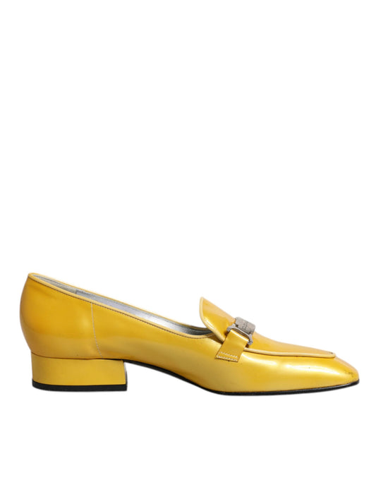 Dolce &amp; Gabbana Yellow Leather Logo Plaque Slip On Moccasin Shoes
