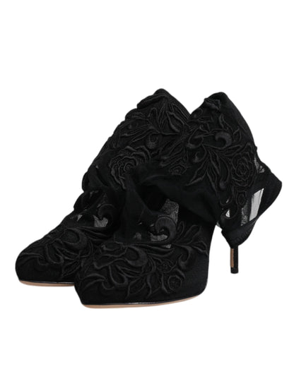 Dolce & Gabbana Black Tulle Stretch Heels Mid Calf Boots Shoes by Dolce & Gabbana