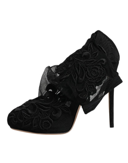 Dolce & Gabbana Black Tulle Stretch Heels Mid Calf Boots Shoes by Dolce & Gabbana
