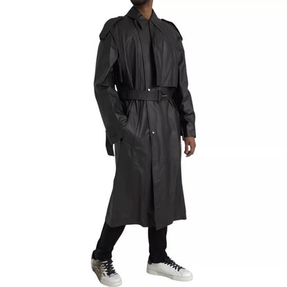Bottega Veneta Black Leather Men Waterproof Trench Coat Jacket
