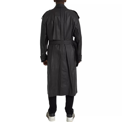Bottega Veneta Black Leather Men Waterproof Trench Coat Jacket